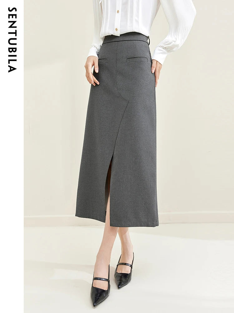 Sentubila Midi Split Grey Skirt for Women Autumn Elegant Solid Skirts with Slit Office Ladies Business Workwear