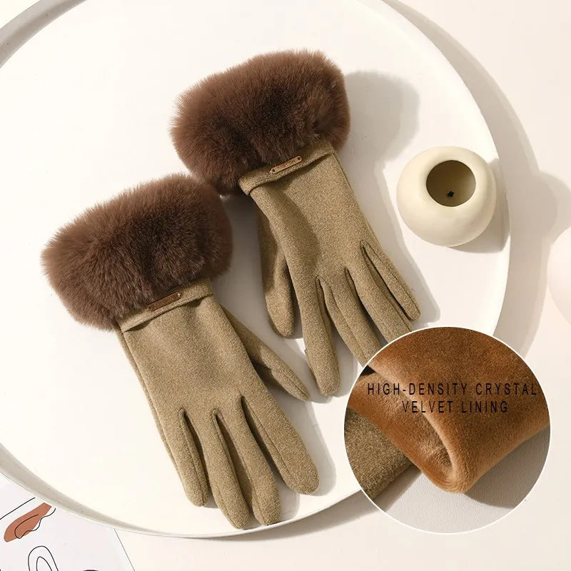 Winter Elegant Women's Gloves Touch Screen Velvet Thickened Gloves Rabbit Fur Women's Warm Mittens Glove