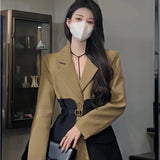 Original Design Blazer Women Fashion New Loose Spliced Pocket Korean Shrug Notched Single Breasted Blazer Mujer Female with Belt