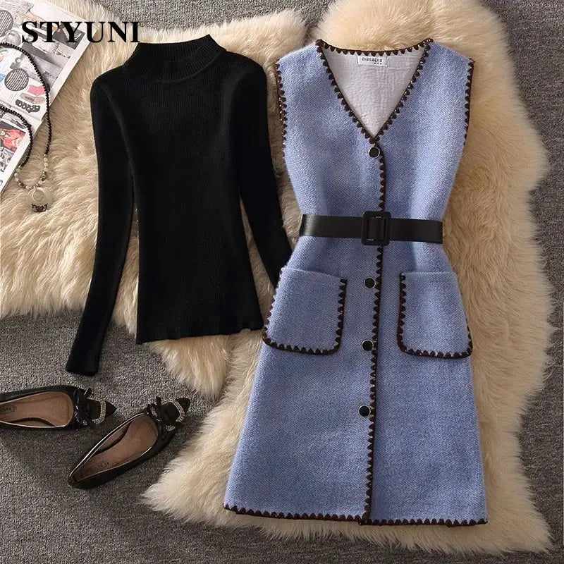 V-Neck High Waist With Belt Single Breasted Vest Women's Dress Sets Korean Fashion Knitted Pullover Sweater Two Piece Set Winter