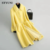 Yellow Solid Thick Woolen Long Sleeve High Waist With Belt Buttons Women's Jacket Wool & Blends Korean Fashion Winter Coat