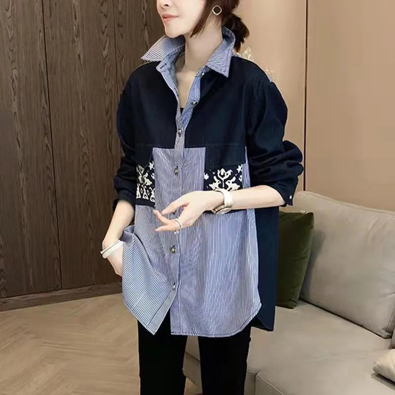 Spring Autumn Streetwear Denim Patchwork Casual Fashion Shirt Lady Long Sleeve Top Loose All-match Buttons Blouse Women Cardigan