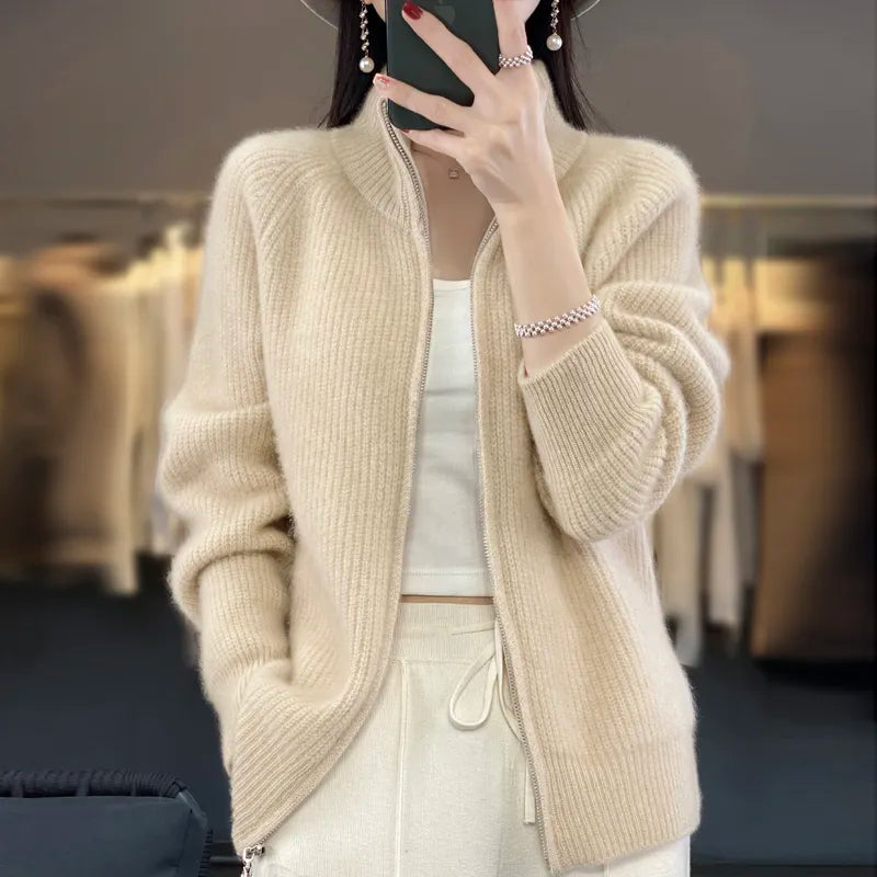 100% Pure Wool Zipper Cardigan Padded Shoulder Stand Collar Women's Cashmere Knitted Coat New Lapel Sweater