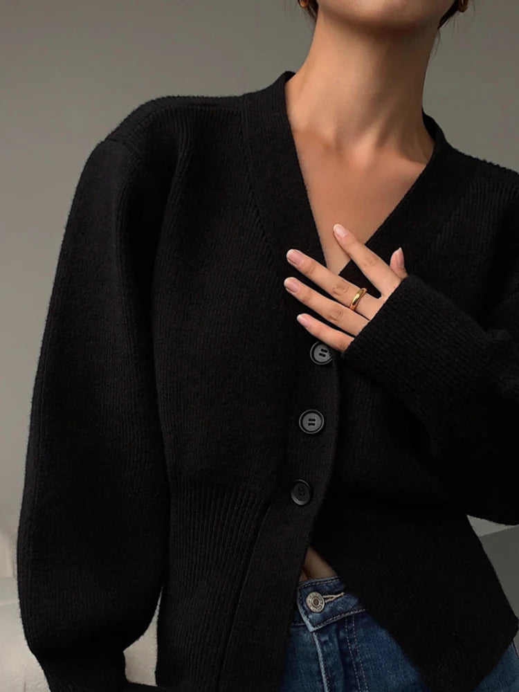 DEAT V-Neck Solid Color Temperament Women's 2024 Autumn And Winter Single Breasted New Long Sleeve Sweater Cardigan 7Z540