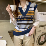 Spring Autumn Loose Casual V-neck Patchwork Sweater Vest Women Sleeveless All-match Knitting Pullover Female Vintage Jumper Top