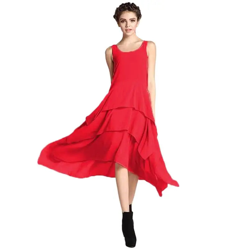 Summer Elegant Irregular Ruffle Long Dress Cute Tank Chiffon Dress