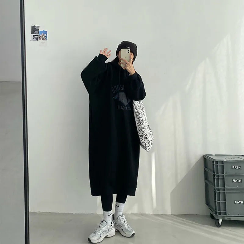 Autumn Winter New Fleece Long Dress Women's Solid Printed Hooded Lace Up Screw Thread Korean Casual Simple Loose Dresses