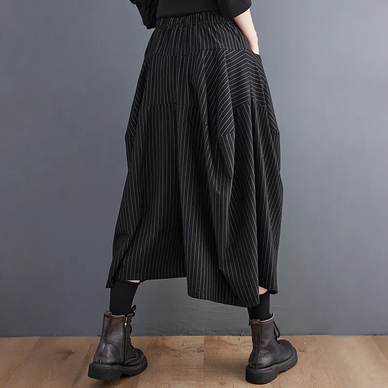 Vintage Striped Pants Women Loose Pockets Streetwear Vintage Wide Leg Pants Female Cross-pants Calf-length Loose Hip Hop