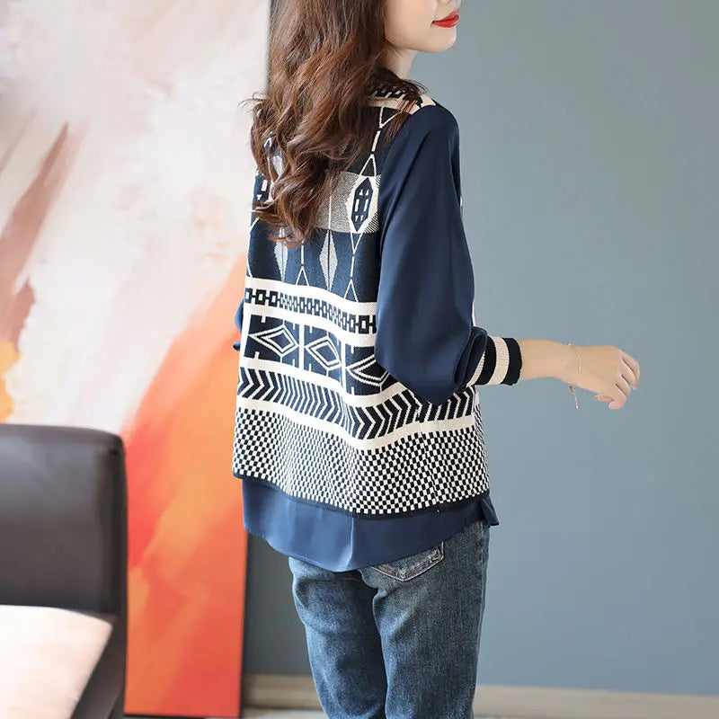 Spring Autumn Fake Two Pieces Knitting Patchwork Shirt Ladies Long Sleeve Loose Casual Fashion Pullover Top Women Jumper Blouse