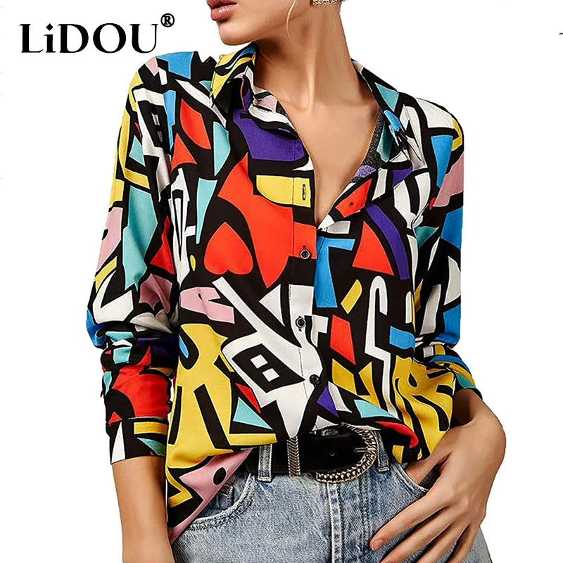 Spring Autumn Streetwear Casual Fashion Printing Blouse Female Long Sleeve Single Breasted Shirt Top Cardigan Women's Clothing