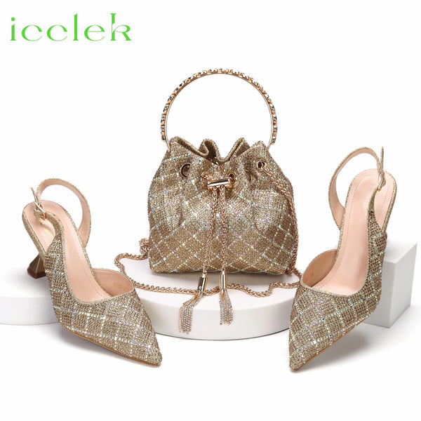 Italian Design Luxury Women's Shoes And Clutch Gold Colour Full Diamond Decoration Metal Closure Bag for Wedding Party