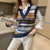 Spring Autumn Loose Casual V-neck Patchwork Sweater Vest Women Sleeveless All-match Knitting Pullover Female Vintage Jumper Top