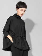 [EAM] 2024 New Spring Autumn High Collar Long Sleeve Black Loose Pocket Drawstring Big Size T-shirt Women Fashion Tide JQ017