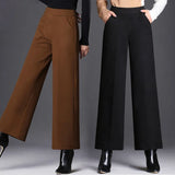 Women Autumn Winter Woolen Oversize Pants Elastic Band High Waist Solid Vintage Loose Casual Fashion Female Straight Trousers