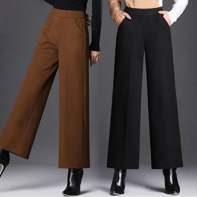 Women Autumn Winter Woolen Oversize Pants Elastic Band High Waist Solid Vintage Loose Casual Fashion Female Straight Trousers