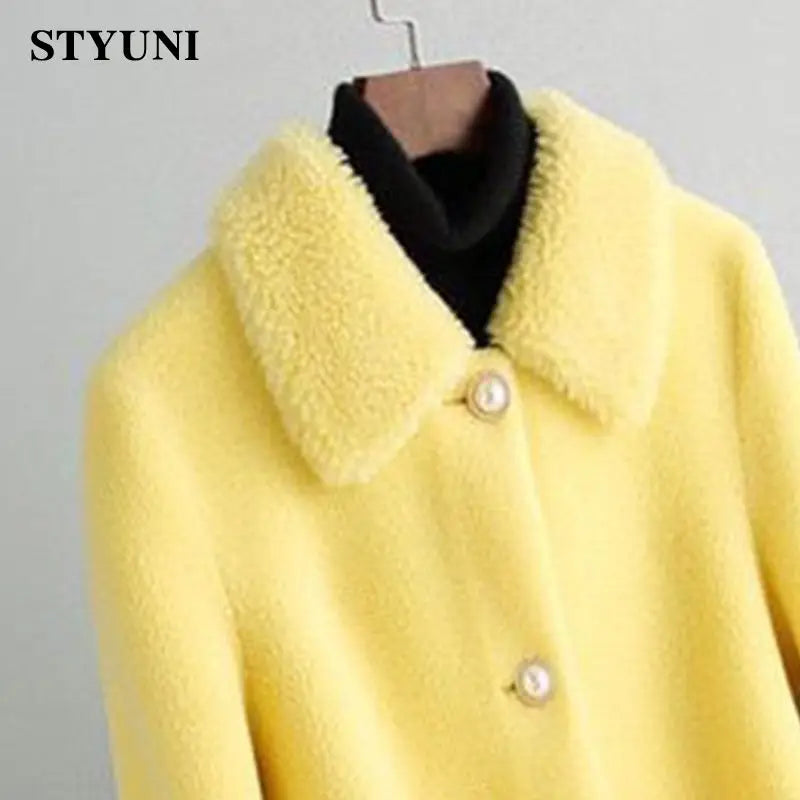 Yellow Solid Thick Woolen Long Sleeve High Waist With Belt Buttons Women's Jacket Wool & Blends Korean Fashion Winter Coat