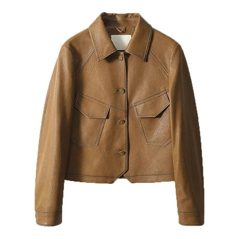 2024 High-End Brown Women Bike Coat PU Leather Outwear Button Outfit Spring Autumn Women Fashion Short Thin Female Jacket Tops