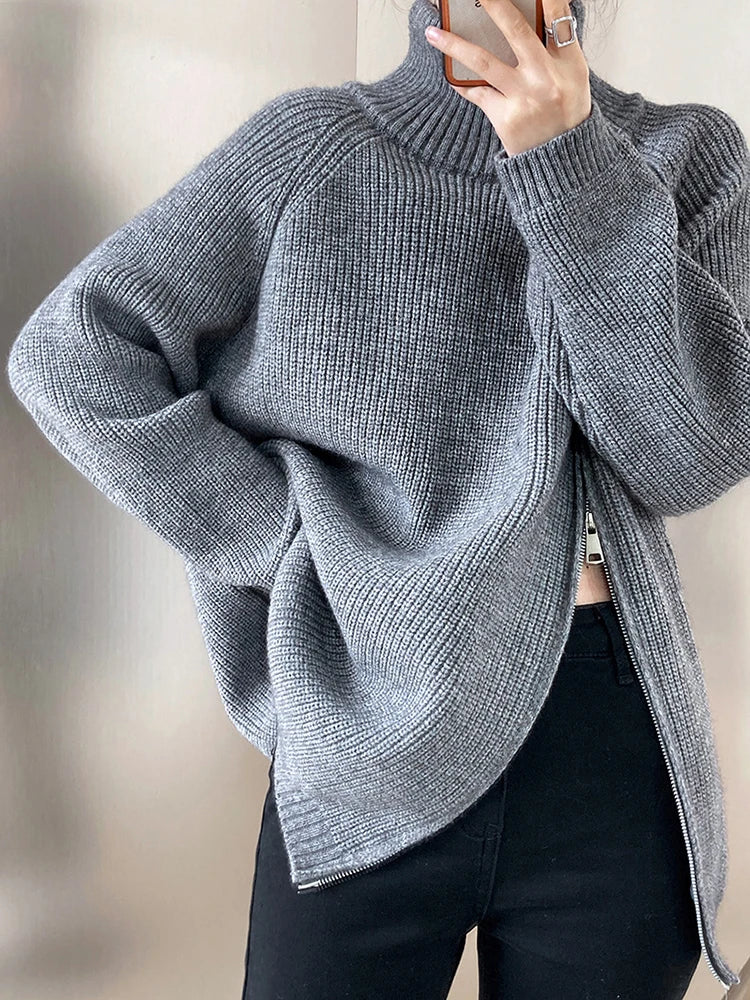 [EAM] Zipper Slit Big Size Knitting Sweater Turtleneck Long Sleeve Women Pullovers New Fashion Tide Autumn Winter 2024 1DF3058