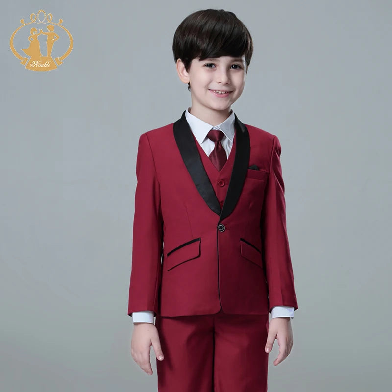 Nimble Spring Autumn Formal Suit for Boy Children Party Host Wedding Costume Red Blazer Vest Pants Wholesale Clothing 3Pcs Sets