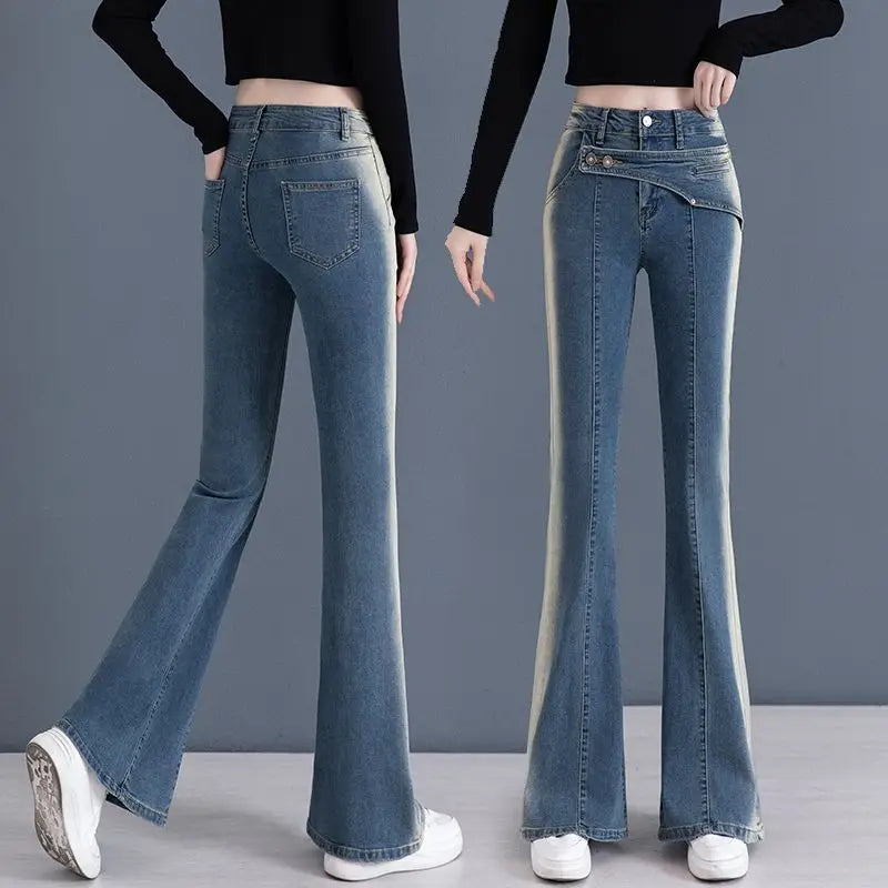 Vintage Gradient Blue Korean Slim Flare Jeans High Waist Women Spring Autumn Full Pants Pocket Versatile Simple Casual Trousers