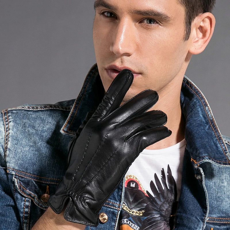 Gours Winter Real Leather Gloves for Men Fashion Brand Black High Quality Genuine Goatskin Gloves Classic Mittens Warm GSM019