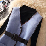 V-Neck High Waist With Belt Single Breasted Vest Women's Dress Sets Korean Fashion Knitted Pullover Sweater Two Piece Set Winter