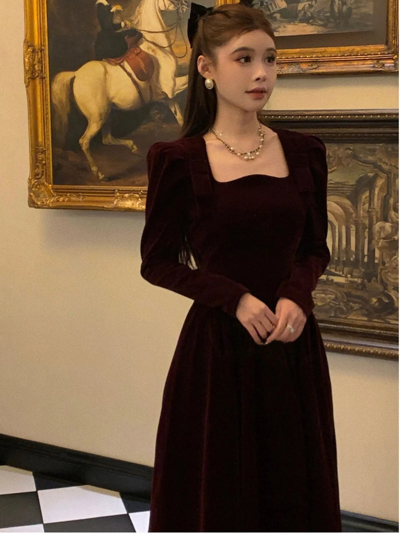 French Vintage Christmas Red Velvet Dress Square Collar Evening Party Prom Vestidos Women Elegant Autumn Winter Clothes