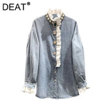 DEAT Women's Deinm Shirt Loose Patchwork Lace Pearls Buttons Embroidered Flares Elegant Blouse 2024 Summer New Fashion 29L5259