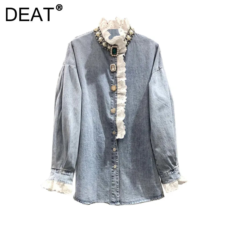 DEAT Women's Deinm Shirt Loose Patchwork Lace Pearls Buttons Embroidered Flares Elegant Blouse 2024 Summer New Fashion 29L5259