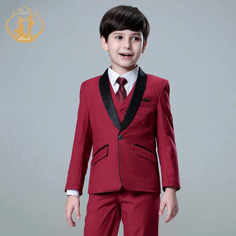 Nimble Spring Autumn Formal Suit for Boy Children Party Host Wedding Costume Red Blazer Vest Pants Wholesale Clothing 3Pcs Sets