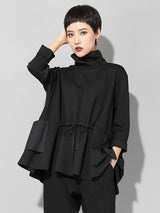 [EAM] 2024 New Spring Autumn High Collar Long Sleeve Black Loose Pocket Drawstring Big Size T-shirt Women Fashion Tide JQ017