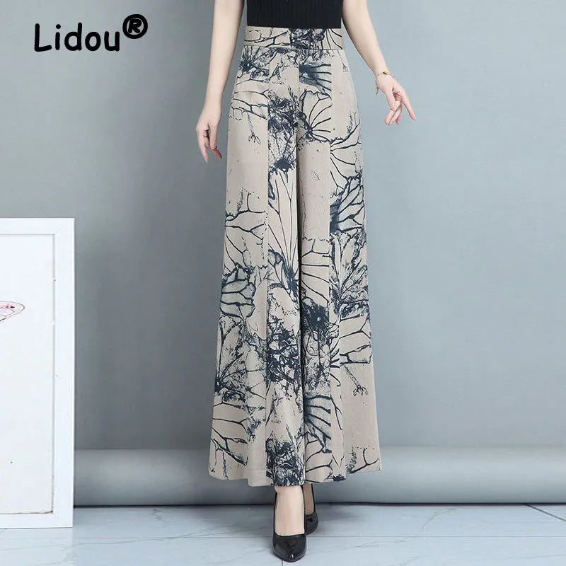 Summer Women Clothes Elegant Vintage Floral Print High Waist Wide Leg Pants Korean Fashion Thin Cropped Trousers Pantalones