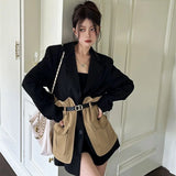 Original Design Blazer Women Fashion New Loose Spliced Pocket Korean Shrug Notched Single Breasted Blazer Mujer Female with Belt