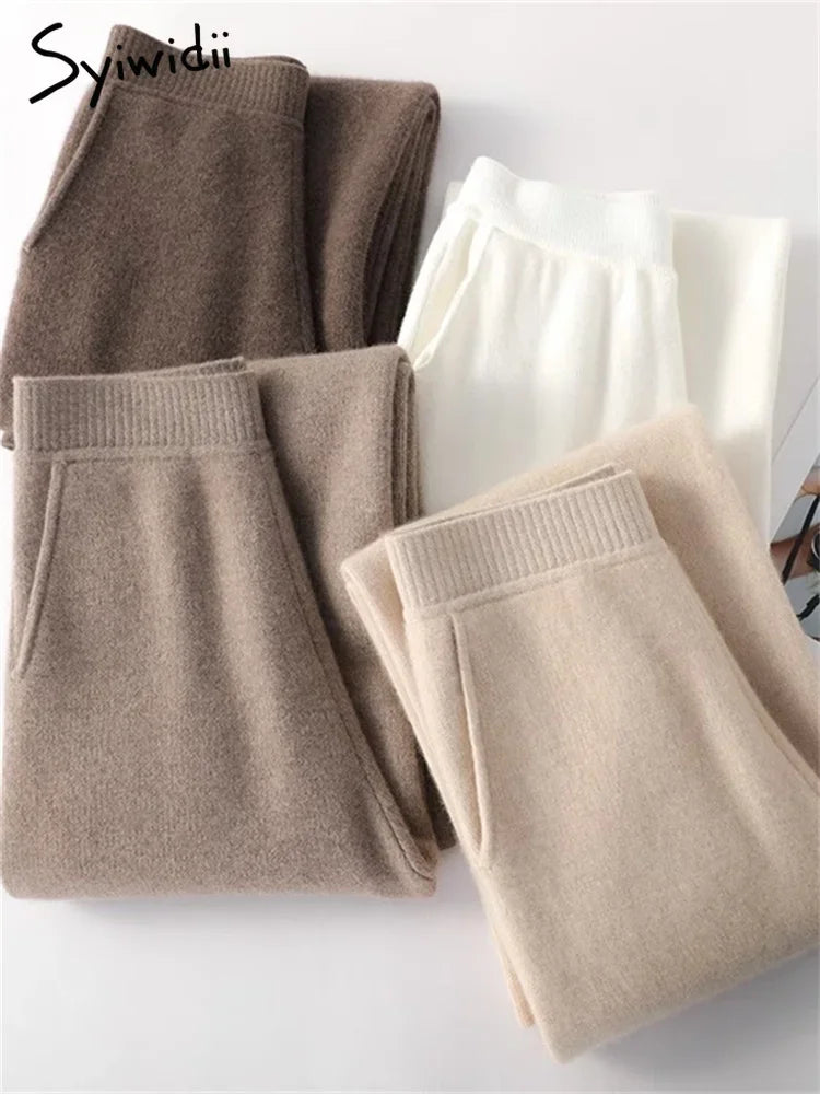 Syiwidii Knitted Women Pants Fall Winter Korean Fashion High Waist Wool Wide Leg Sweatpants Casual Straight Loose Trousers