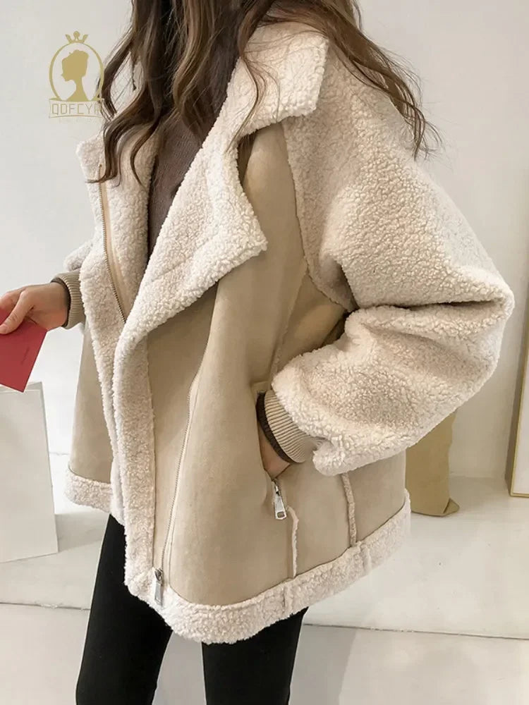 Autumn Winter Women's Coats Casual Loose Patchwork Outerwear Harem Korean Vintage Crop Pockets Lambhair Jacket Women