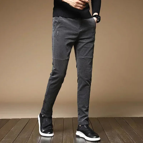 New Winter Fleece Warm Corduroy Pants Men Business Fashion Slim Fit Stretch Thicken Gray Green Fluff Casual Trousers Male