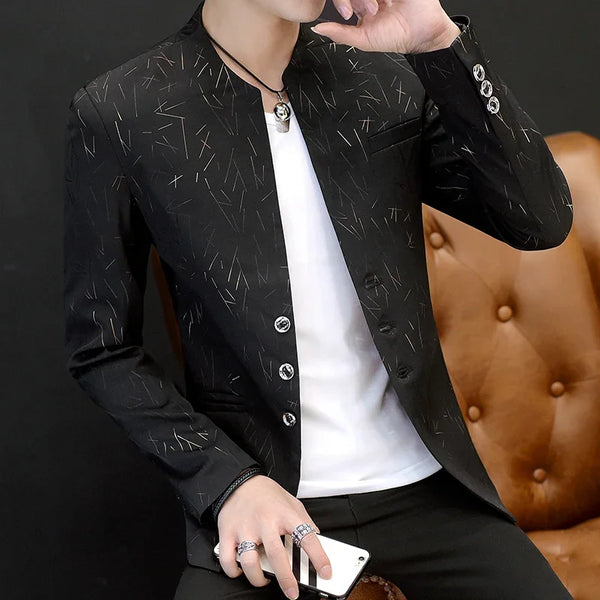 HOO 2024 Men 's Casual Collar Blazers  Youth Handsome Trend Slim Print Blazers