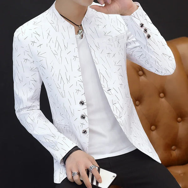 HOO 2024 Men 's Casual Collar Blazers  Youth Handsome Trend Slim Print Blazers