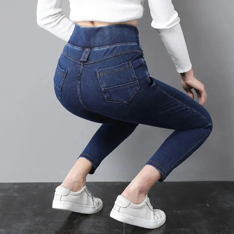 Korean Fashion Women Big Size Skinny Jeans Spring Autumn Streetwear Casual Trouser Denim Pockets Elastic High Waist Pencil Pants