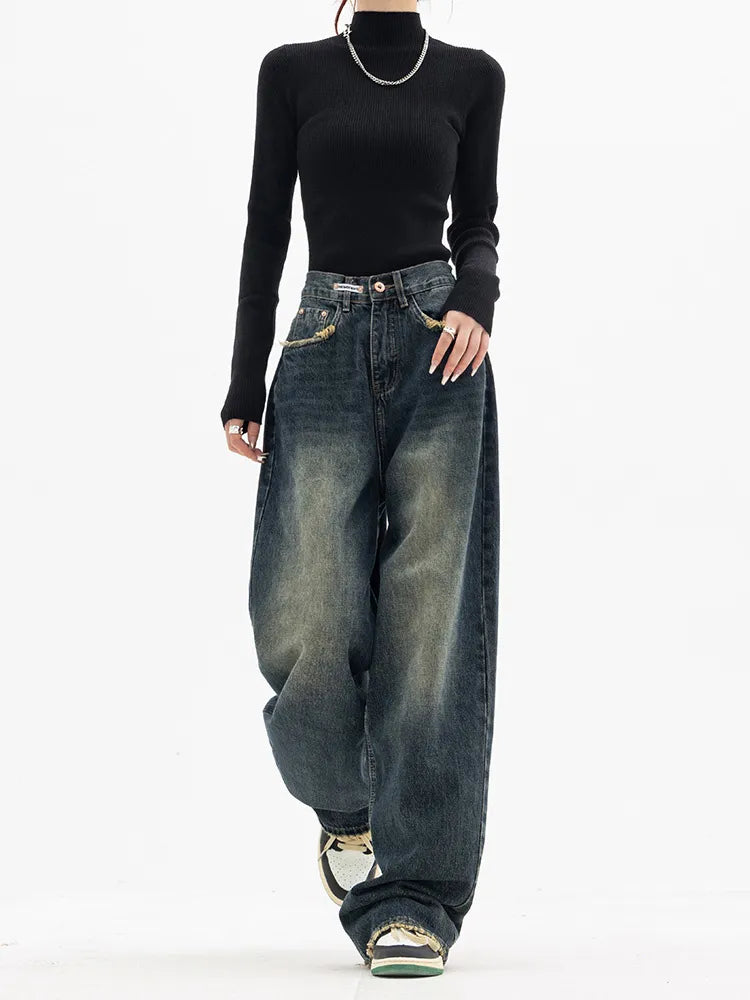 High Waist Women's Jeans Harajuku Vintage BF Style Streetwear All-match Loose Fashion Femme Wide Leg Denim Trousers