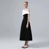 DEAT Strapless Dress Slash Neck Contrast Color Waist Retraction Zipper Mid-calf Women's Dresses Spring 2024 New Fashion 13DB3320