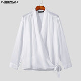 INCERUN Korean Style New Men's Pile Up Collar Tie Up Blouse Fashion Solid All-match Chiffon Long Sleeved Shirts S-5XL