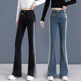 Vintage Gradient Blue Korean Slim Flare Jeans High Waist Women Spring Autumn Full Pants Pocket Versatile Simple Casual Trousers