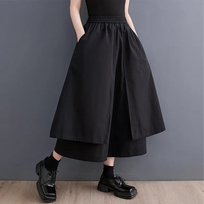 Black Wide Leg Pants Women Pockets Loose Asymmetrical Trousers Female Double Layer Streetwear Baggy Pants High Waisted