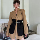 Original Design Blazer Women Fashion New Loose Spliced Pocket Korean Shrug Notched Single Breasted Blazer Mujer Female with Belt