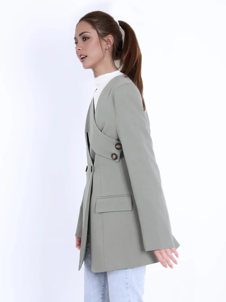 DEAT Fashion Women's Blazer V-neck Deconstruction Side Button Waist Long Sleeve Gray Suit Jackets Spring 2024 New Tide CPDB002