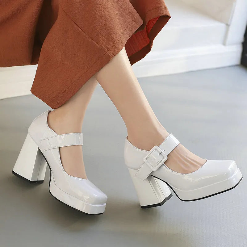 Size 33-48 Patent Shiny PU Leather Lady Office Pumps Wide Buckle Strap Platform Mary Janes Shoes Spring Fall Block Chunky Heels