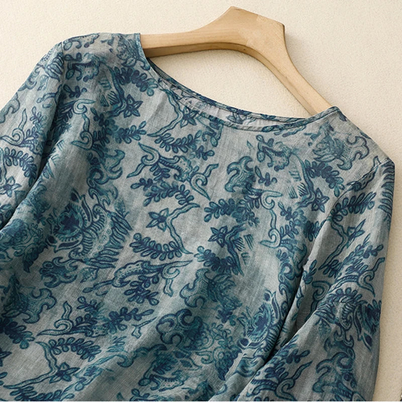 Blue Floral Print Vintage O-Neck Lantern Three Sleeve Loose Women's Blouse Shirt Korean Fashion Female Blouses