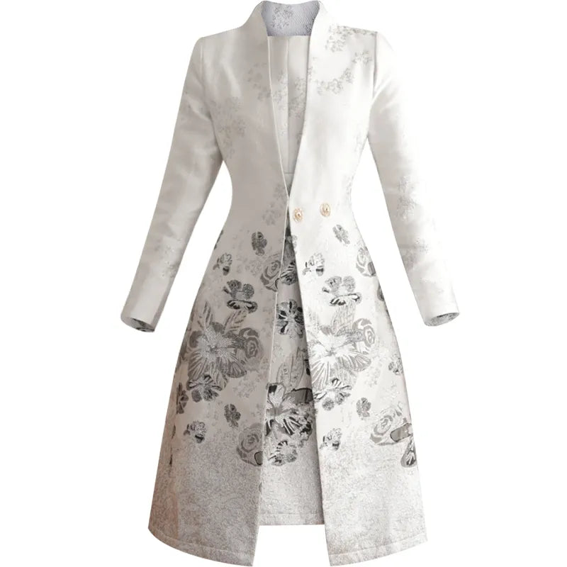 Spring Autumn Jacquard Coat for Women Nine Quarter Sleeve Grey Floral Slim Fall Luxury Jackets Women Trench Wide-waisted