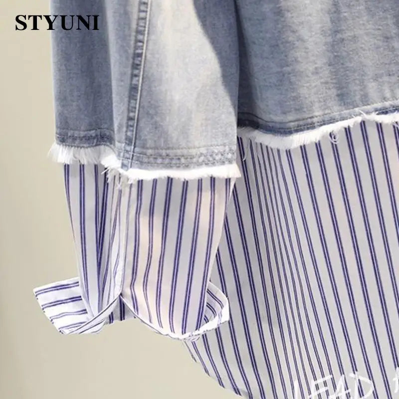 Vertical Striped Denim Vintage Polo Collar Single Breasted Long Sleeve Women's Blouse Shirt Korean Fashion